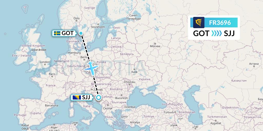 FR3696 Ryanair Flight Map: Gothenburg to Sarajevo