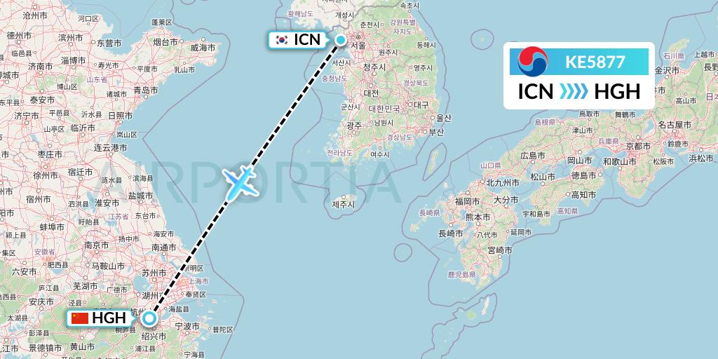 KE5877 Korean Air Flight Map: Seoul to Hangzhou