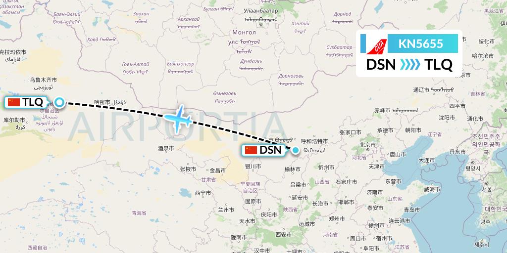 KN5655 China United Airlines Flight Map: Dongsheng to Turpan
