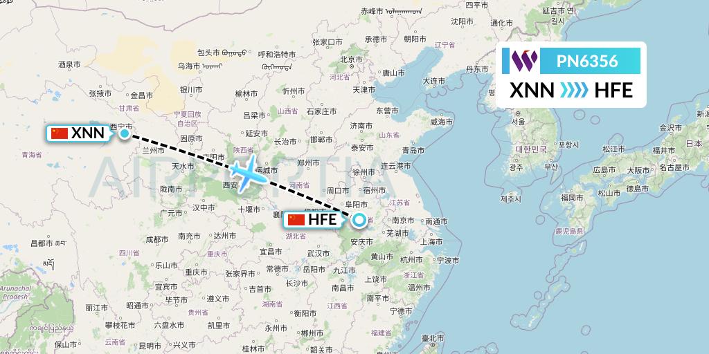 PN6356 China West Air Flight Map: Xining to Hefei