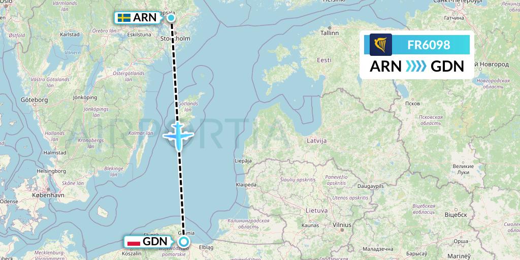 FR6098 Ryanair Flight Map: Stockholm to Gdansk