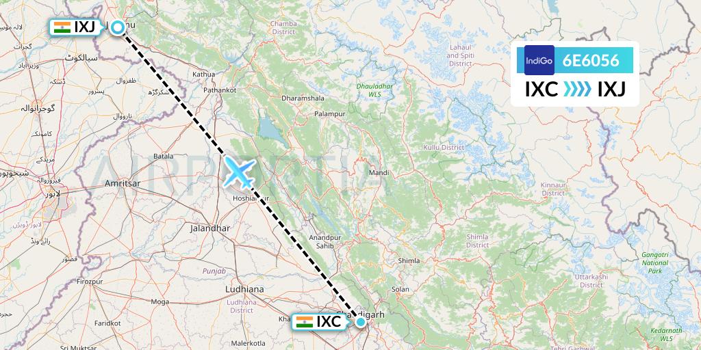 6E6056 IndiGo Airlines Flight Map: Chandigarh to Jammu