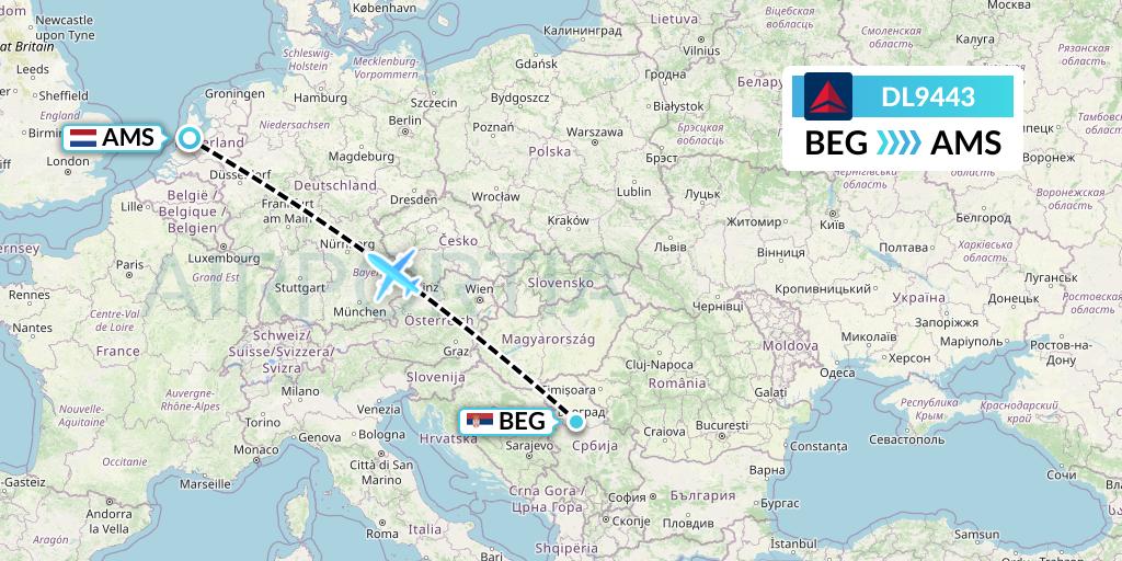 DL9443 Delta Air Lines Flight Map: Belgrade to Amsterdam