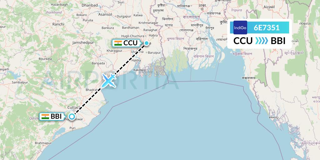 6E7351 IndiGo Airlines Flight Map: Kolkata to Bhubaneswar