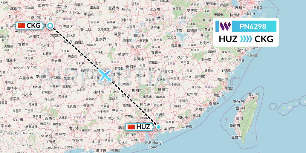 PN6298 China West Air Flight Map: Huizhou to Chongqing