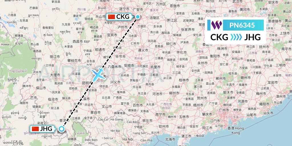 PN6345 China West Air Flight Map: Chongqing to Jinghong