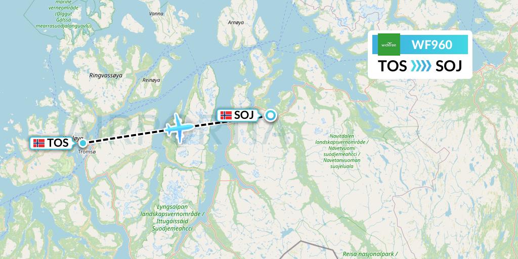 WF960 Wideroe Flight Map: Tromso to Sorkjosen