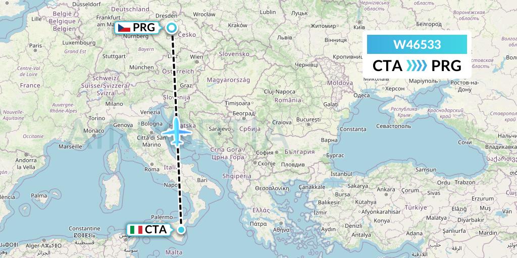 W46533 Wizz Air Malta Flight Map: Catania to Prague
