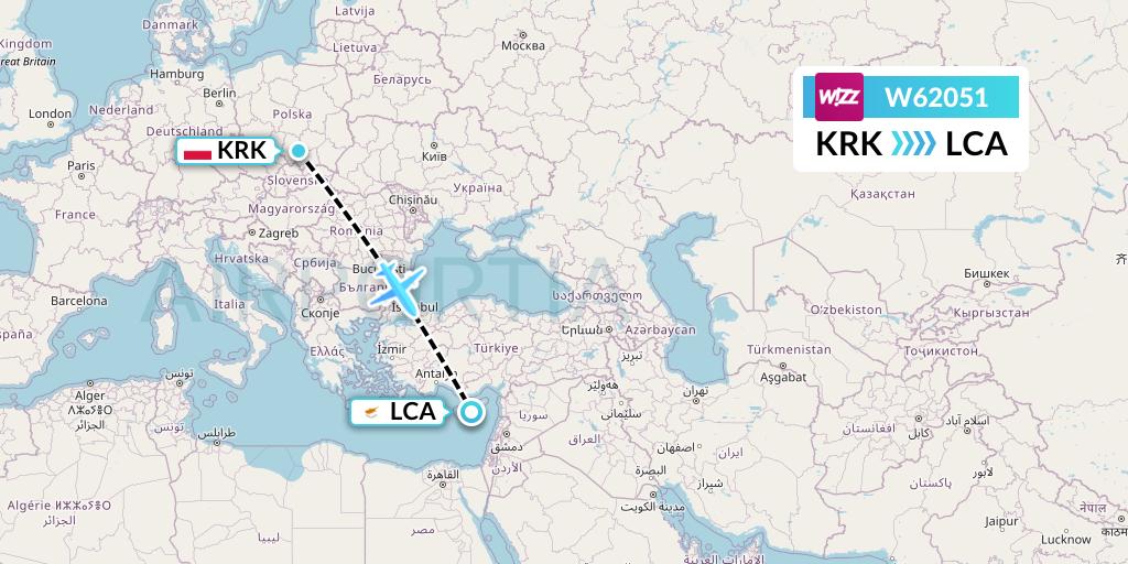 W62051 Wizz Air Flight Map: Krakow to Larnaca