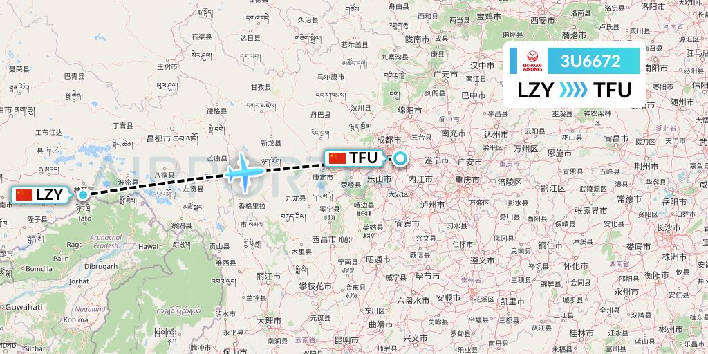 3U6672 Sichuan Airlines Flight Map: Nyingchi to Chengdu