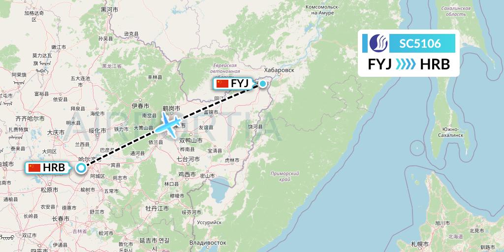 SC5106 Shandong Airlines Flight Map: Fuyuan to Harbin