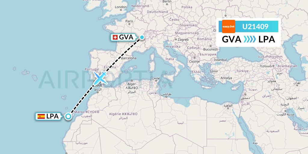 U21409 EasyJet Flight Map: Geneva to Las Palmas