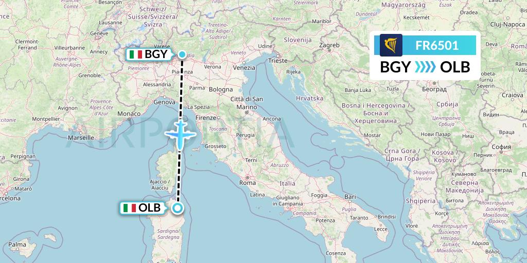 FR6501 Ryanair Flight Map: Milan to Olbia