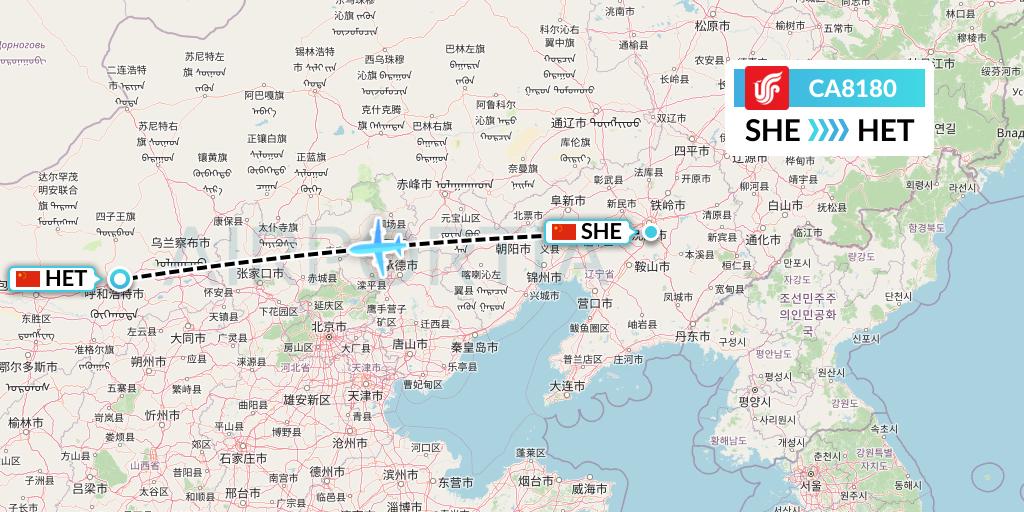 CA8180 Air China Flight Map: Shenyang to Hohhot