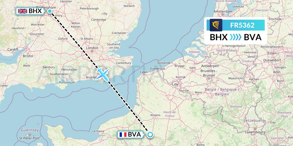 FR5362 Ryanair Flight Map: Birmingham to Paris