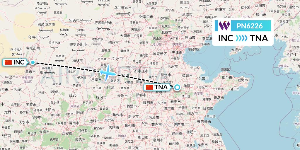 PN6226 China West Air Flight Map: Yinchuan to Jinan