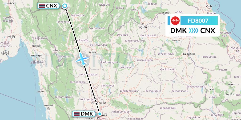 FD8007 Thai AirAsia Flight Map: Bangkok to Chiang Mai