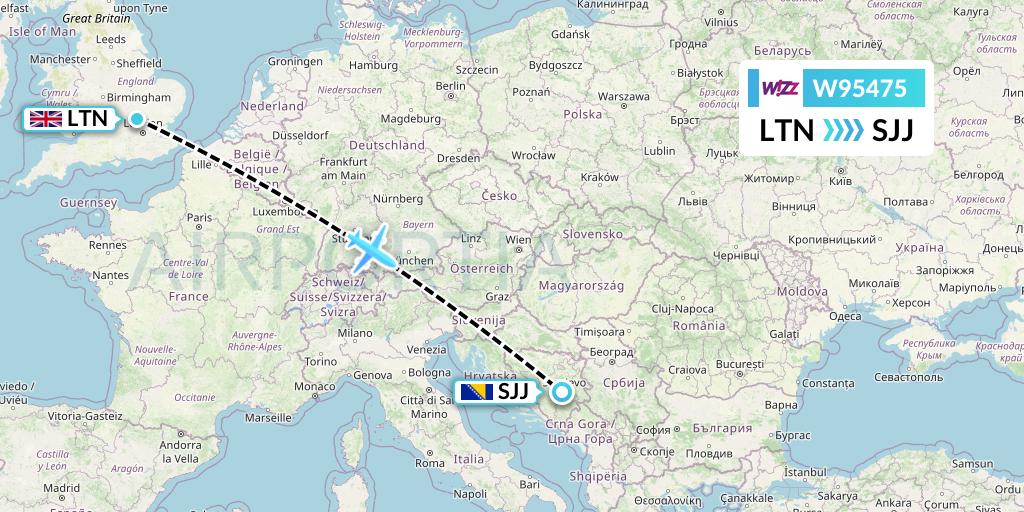 W95475 Wizz Air UK Flight Map: London to Sarajevo