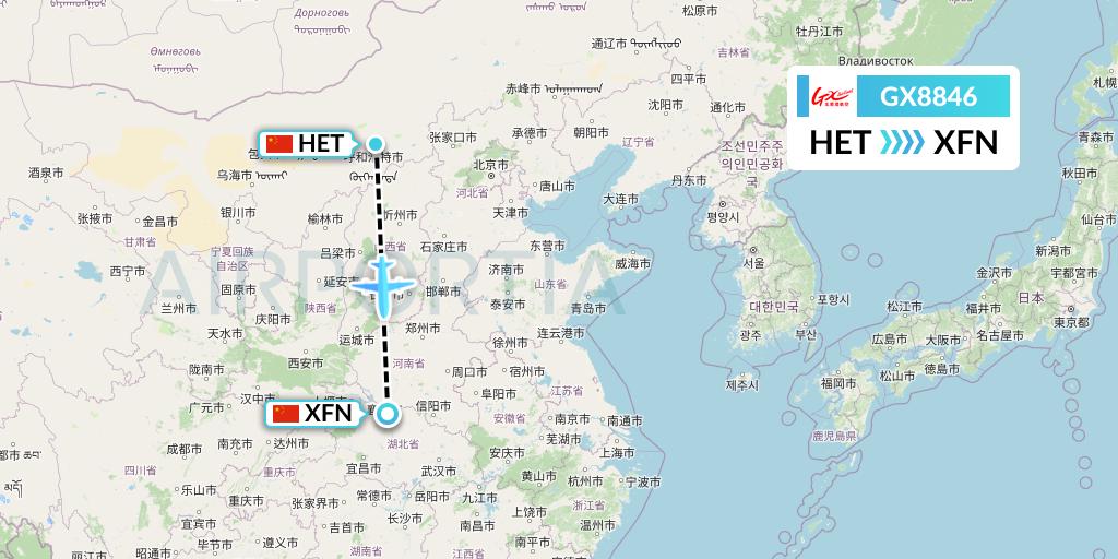GX8846 GX Airlines Flight Map: Hohhot to Xiangyang