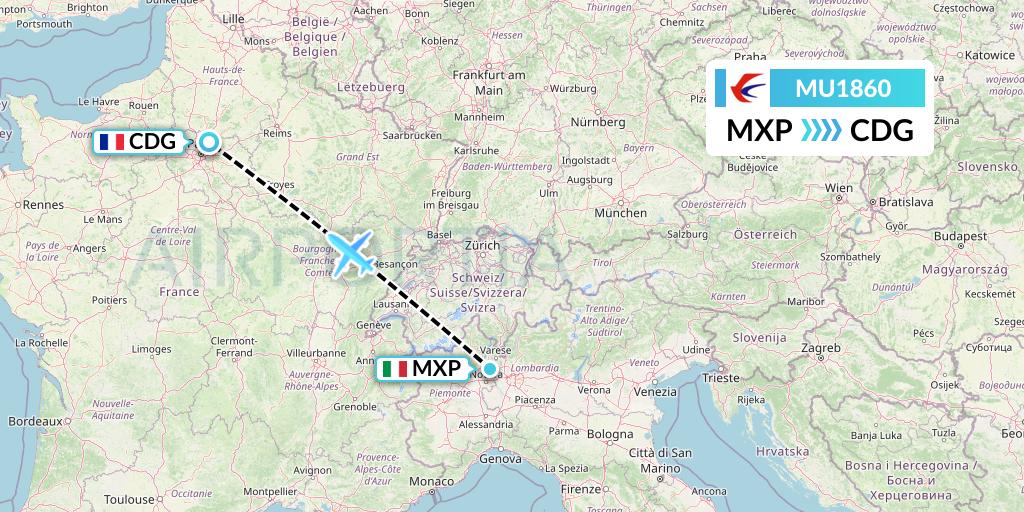 MU1860 China Eastern Airlines Flight Map: Milan to Paris