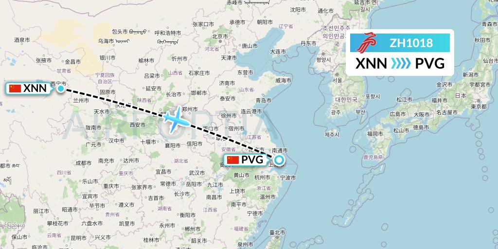 ZH1018 Shenzhen Airlines Flight Map: Xining to Shanghai
