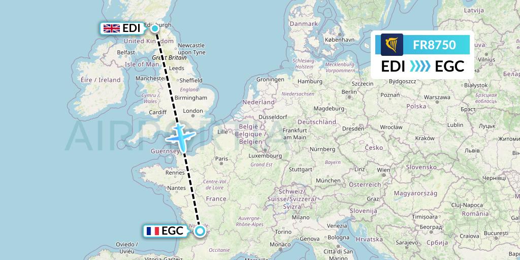 FR8750 Ryanair Flight Map: Edinburgh to Bergerac