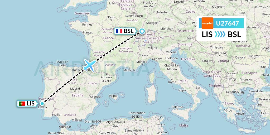U27647 EasyJet Flight Map: Lisbon to Basel
