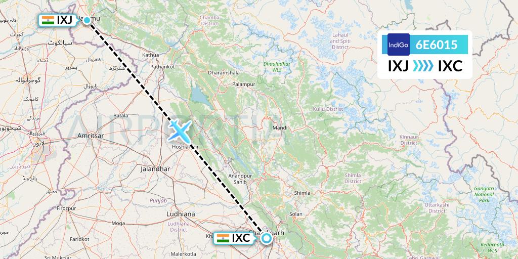6E6015 IndiGo Airlines Flight Map: Jammu to Chandigarh