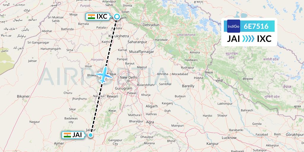 6E7516 IndiGo Airlines Flight Map: Jaipur to Chandigarh