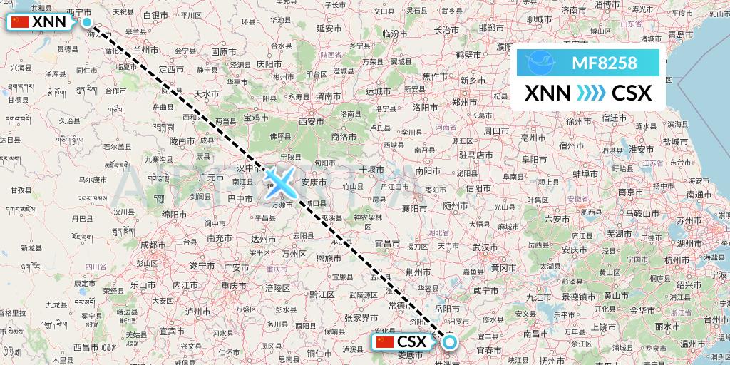 MF8258 Xiamen Airlines Flight Map: Xining to Changsha