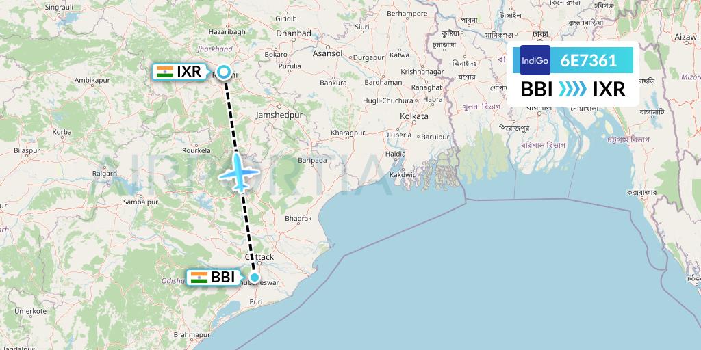 6E7361 IndiGo Airlines Flight Map: Bhubaneswar to Ranchi
