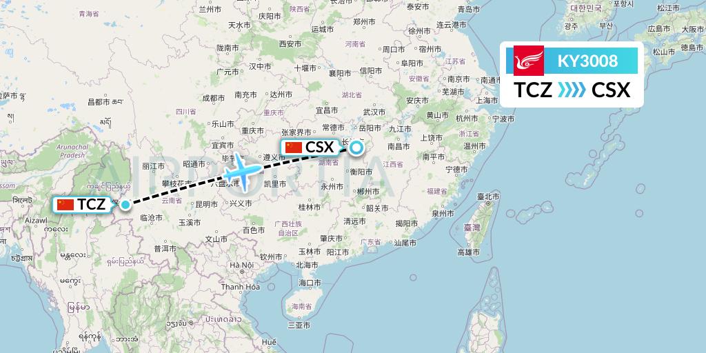 KY3008 Kunming Airlines Flight Map: Tengchong to Changsha