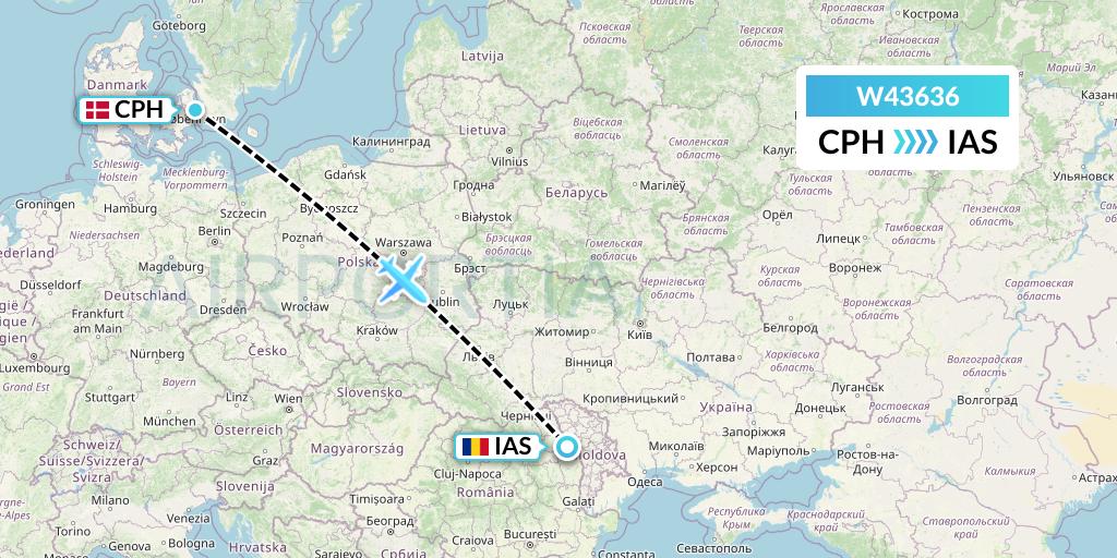 W43636 Wizz Air Malta Flight Map: Copenhagen to Iasi