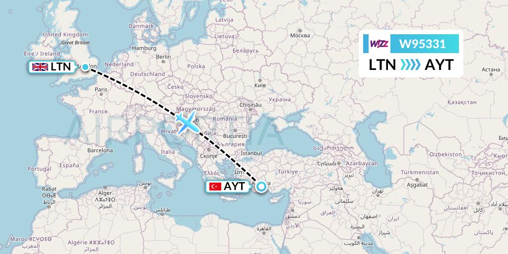 W95331 Wizz Air UK Flight Map: London to Antalya