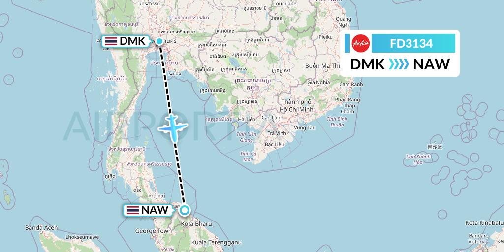 FD3134 Thai AirAsia Flight Map: Bangkok to Narathiwat