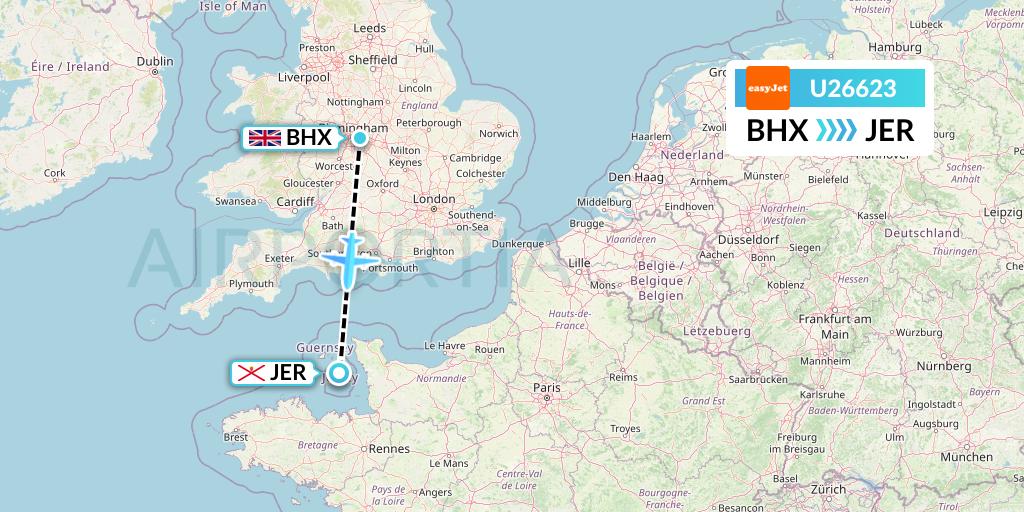 U26623 EasyJet Flight Map: Birmingham to Jersey