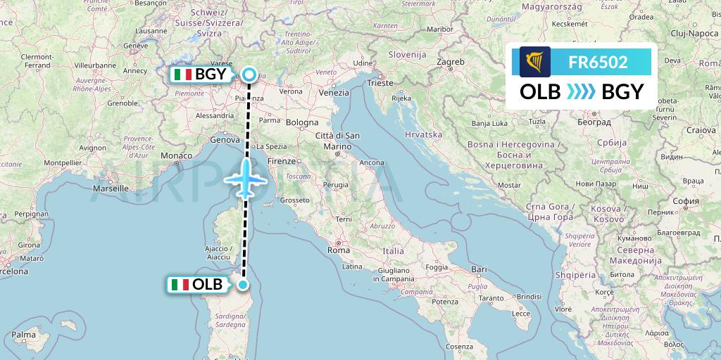 FR6502 Ryanair Flight Map: Olbia to Milan