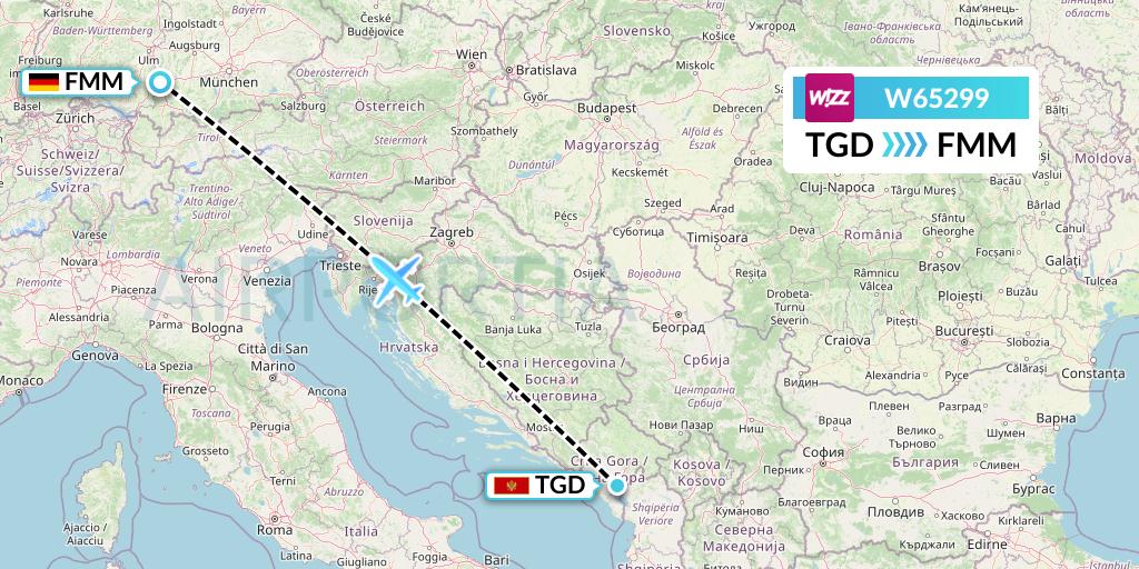 W65299 Wizz Air Flight Map: Podgorica to Memmingen