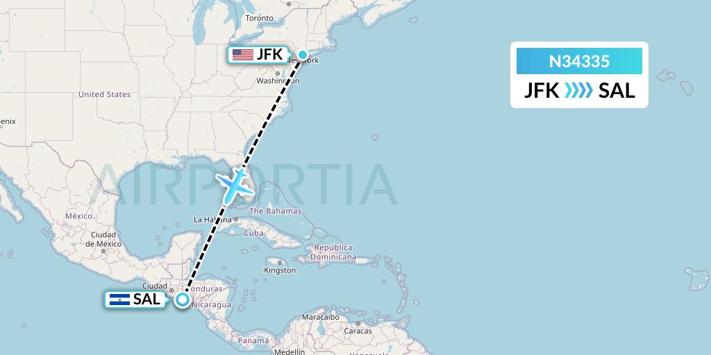 N34335 Vuela El Salvador Flight Map: New York to San Salvador