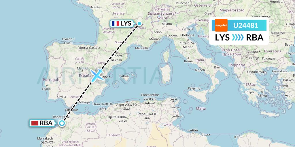 U24481 EasyJet Flight Map: Lyon to Rabat