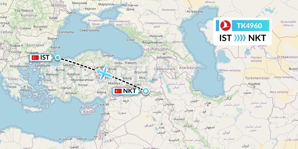 TK4960 Turkish Airlines Flight Map: Istanbul to Sirnak