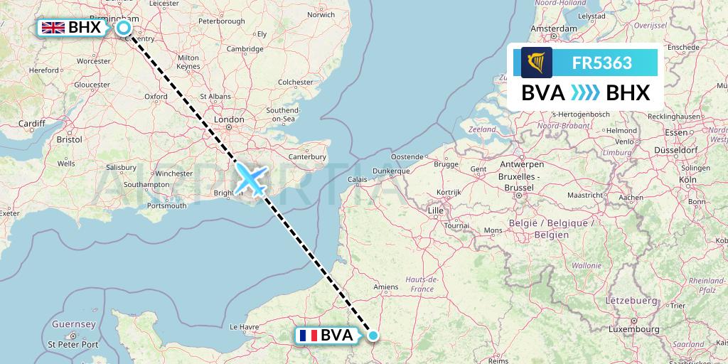 FR5363 Ryanair Flight Map: Paris to Birmingham