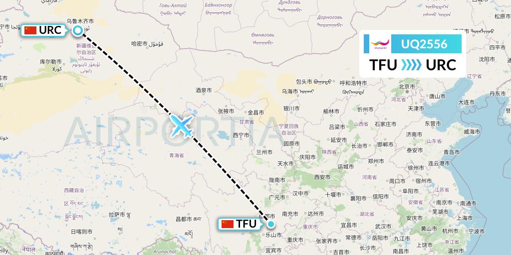 UQ2556 Urumqi Airlines Flight Map: Chengdu to Urumqi