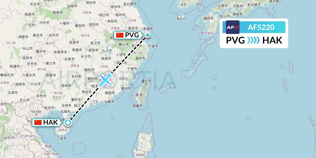 AF5220 Air France Flight Map: Shanghai to Haikou