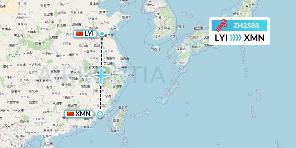 ZH2588 Shenzhen Airlines Flight Map: Linyi to Xiamen