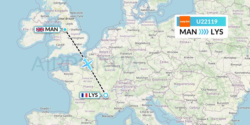 U22119 EasyJet Flight Map: Manchester to Lyon
