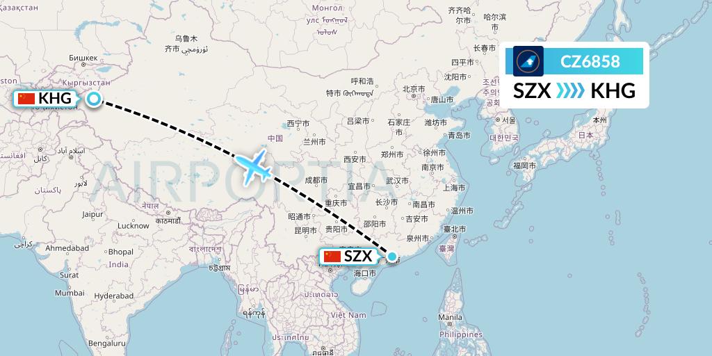 CZ6858 China Southern Airlines Flight Map: Shenzhen to Kashgar