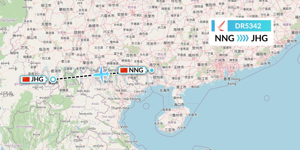 DR5342 Ruili Airlines Flight Map: Nanning to Jinghong