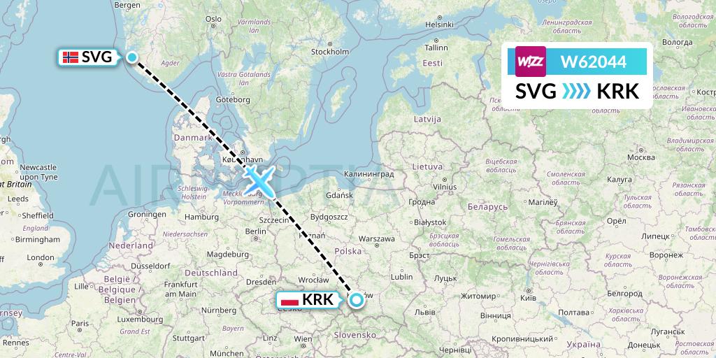 W62044 Wizz Air Flight Map: Stavanger to Krakow