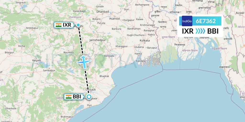 6E7362 IndiGo Airlines Flight Map: Ranchi to Bhubaneswar